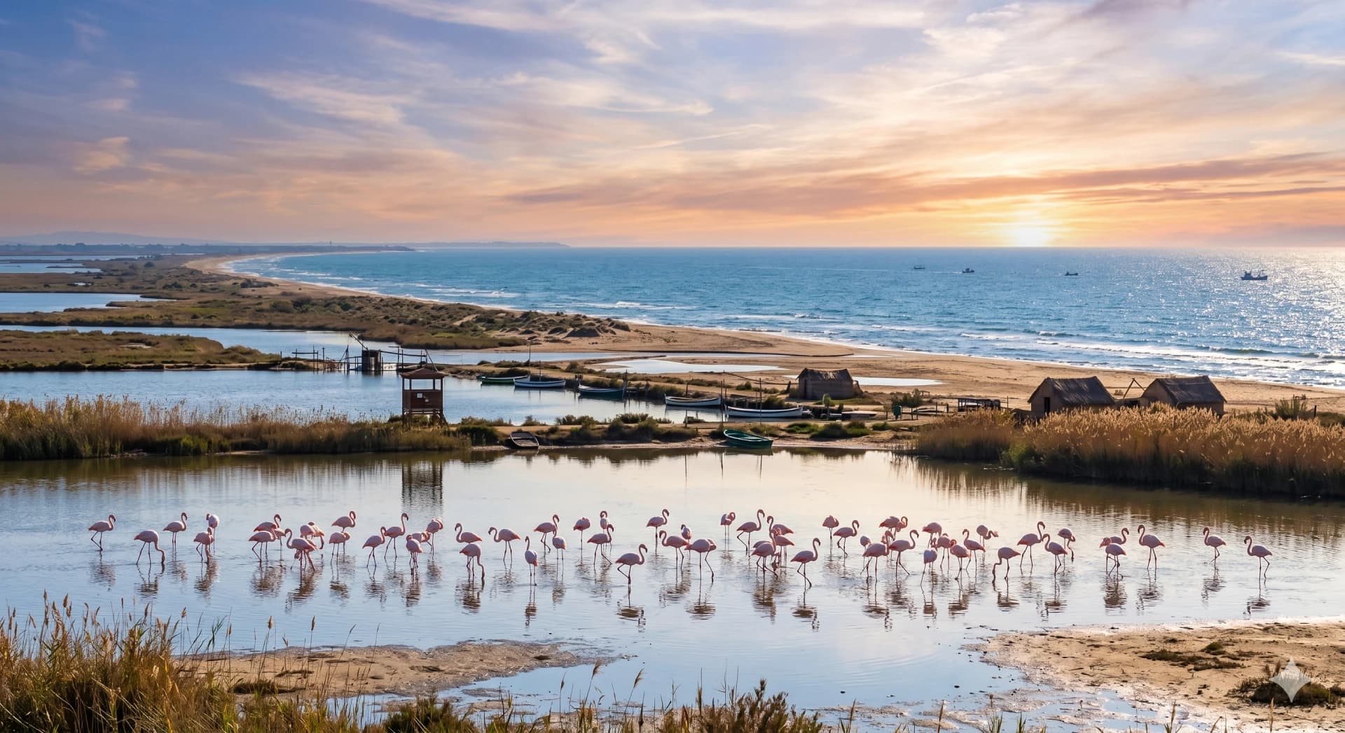 Flamencos en una laguna del Delta del Ebro al atardecer